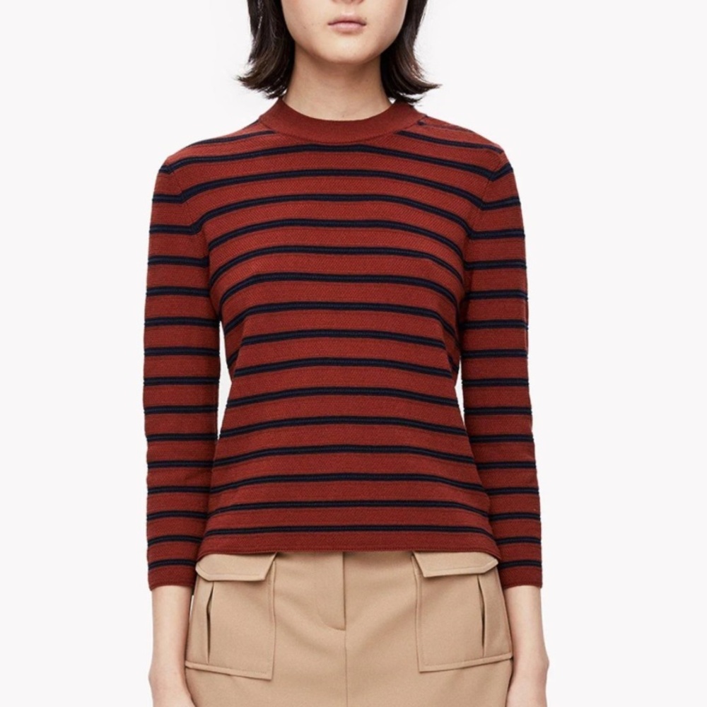 Theory Lemdora Prosecco Paprika & Navy Blue Striped 3/4 Cropped Sweater Top - XS